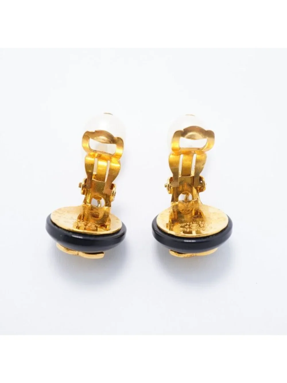 Chanel Earrings Vintage CC Logo Gold Plated Faux Pearl Black